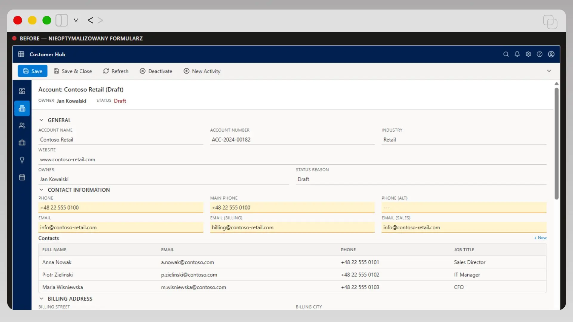Standard, unmodified account form