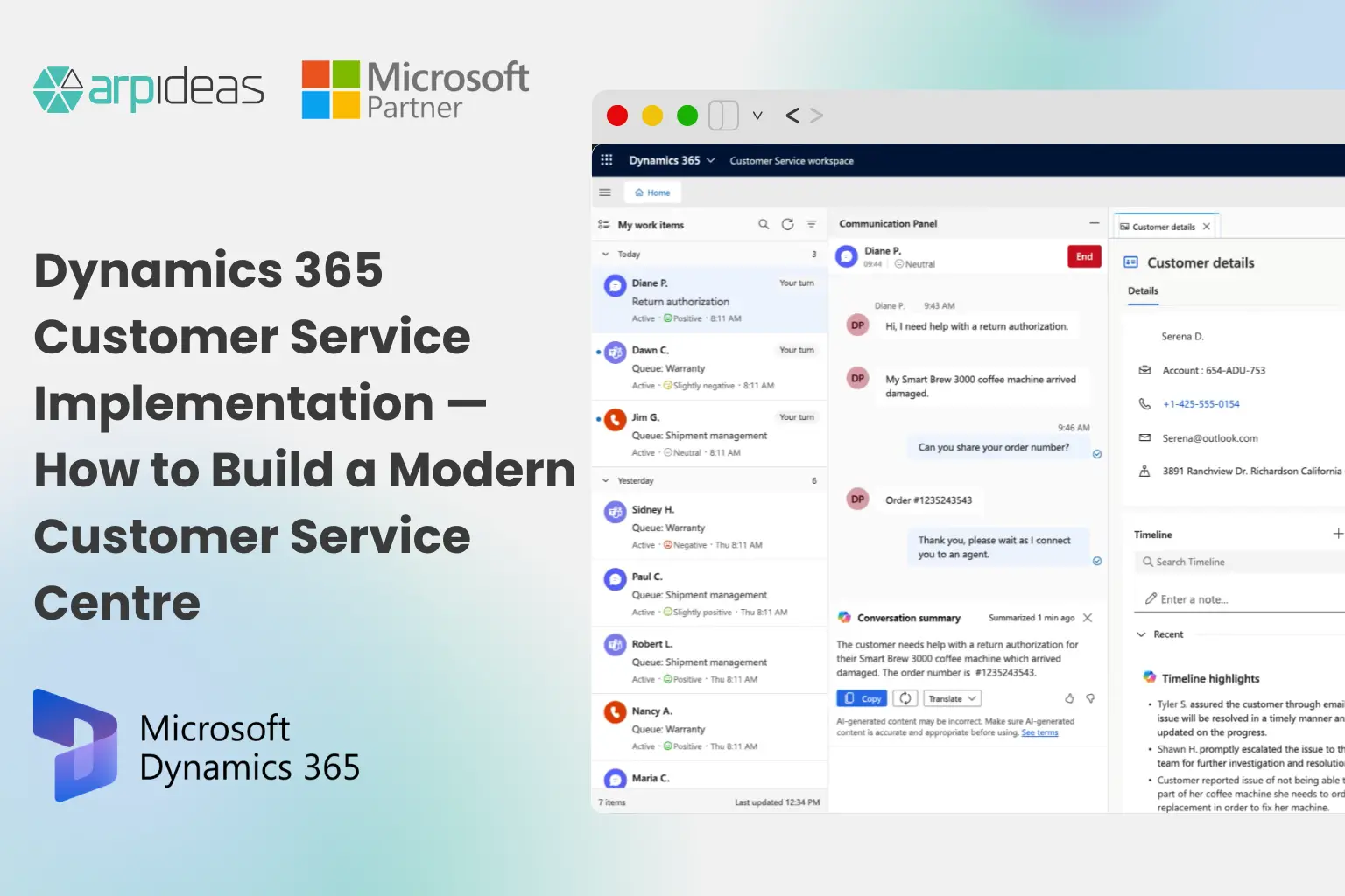 Dynamics 365 Customer Service implementation diagram — omnichannel support centre with Copilot AI